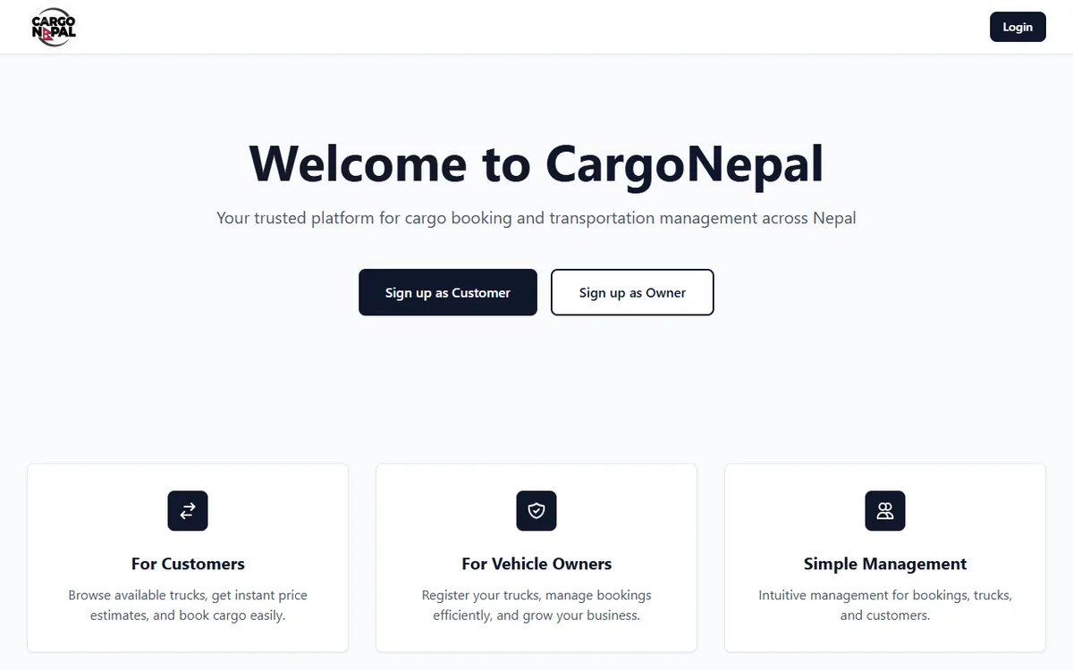 CargoNepal - first screen of the live app