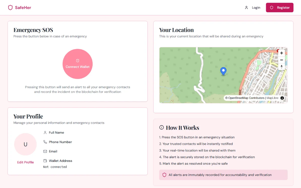 SafeHer - main screen of the hackathon project